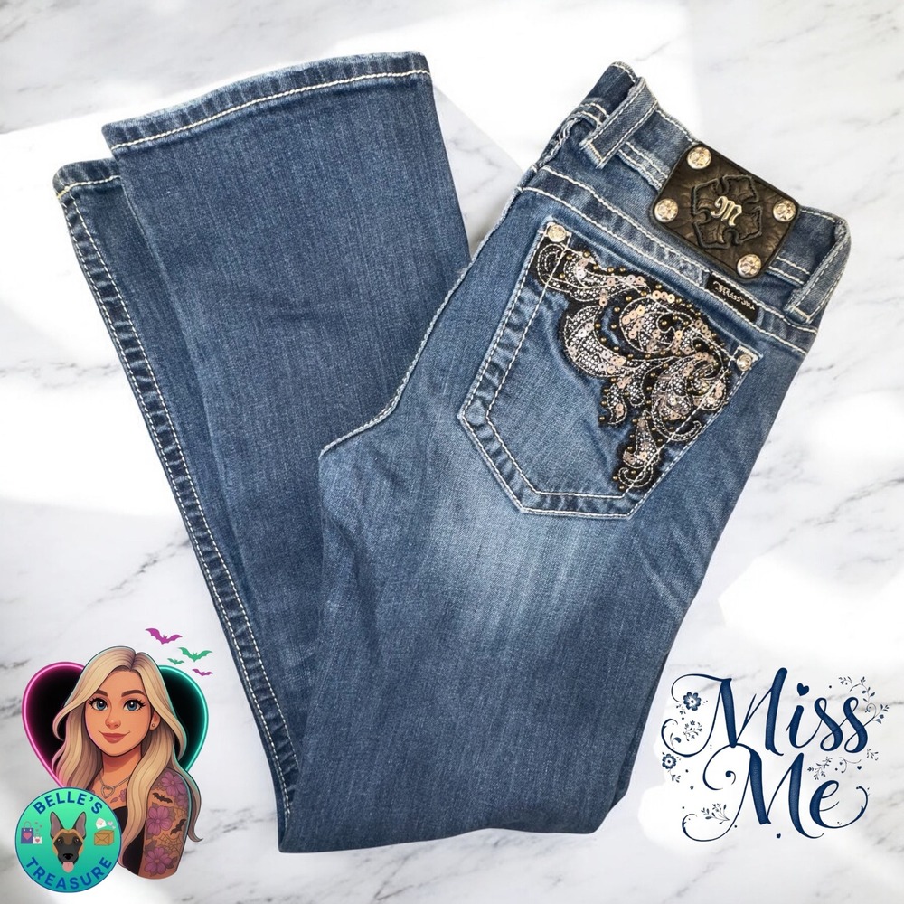Miss Me Jeans Women's 30 Bootcut Embellished Sequins Studs Fleur De Lis 30x30